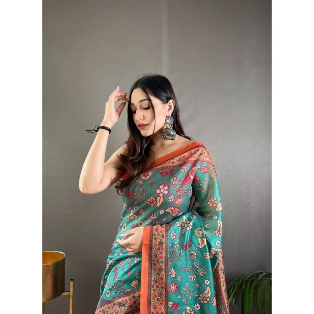 Women's Linen Printed Saree — Olive