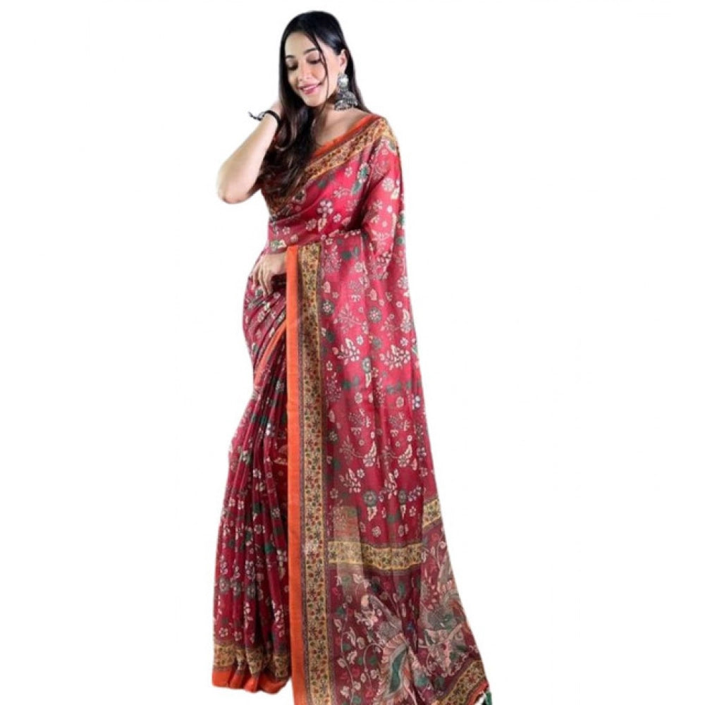 Women's Linen Printed Saree — Red · _Red