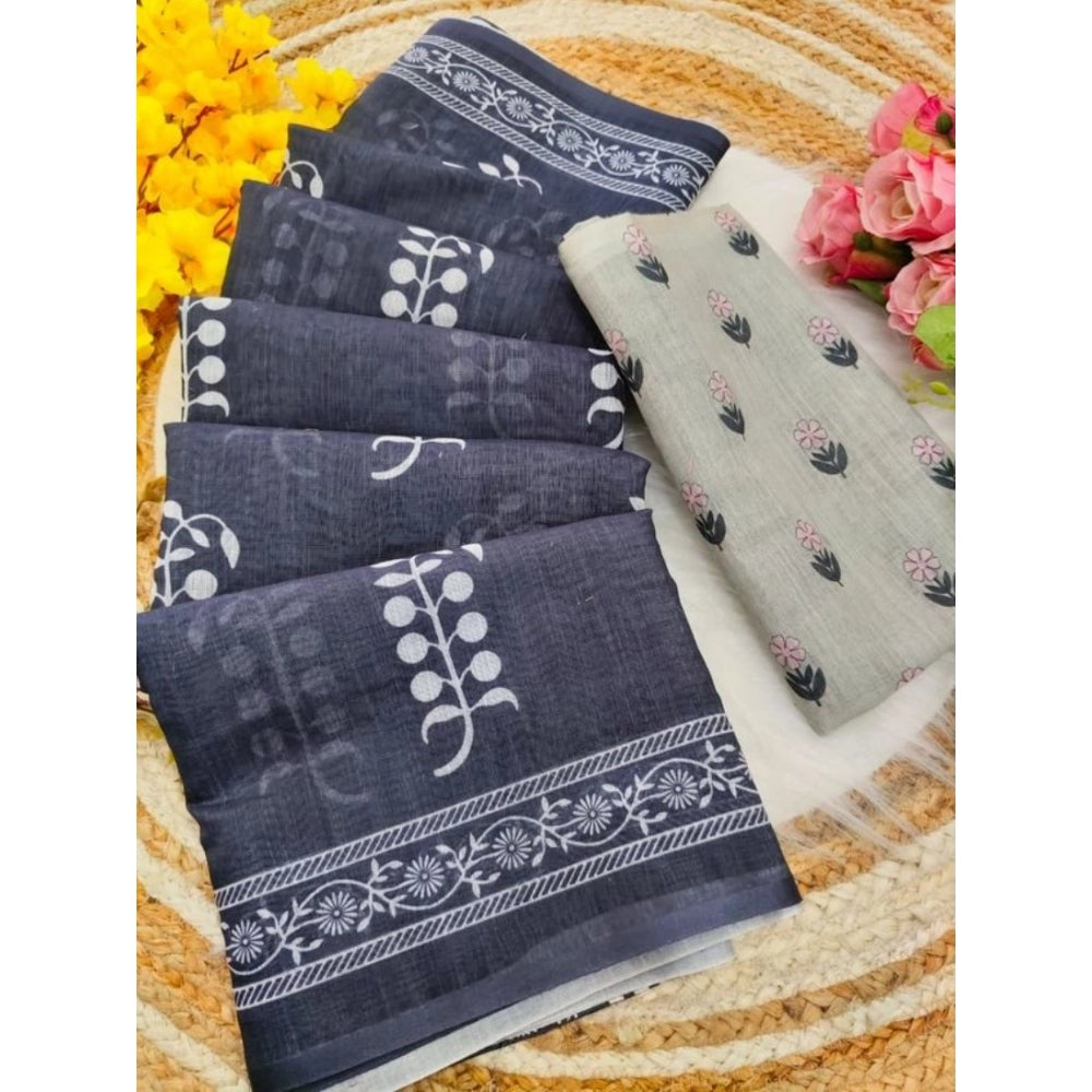 Women's Linen Printed Saree — Grey · Grey