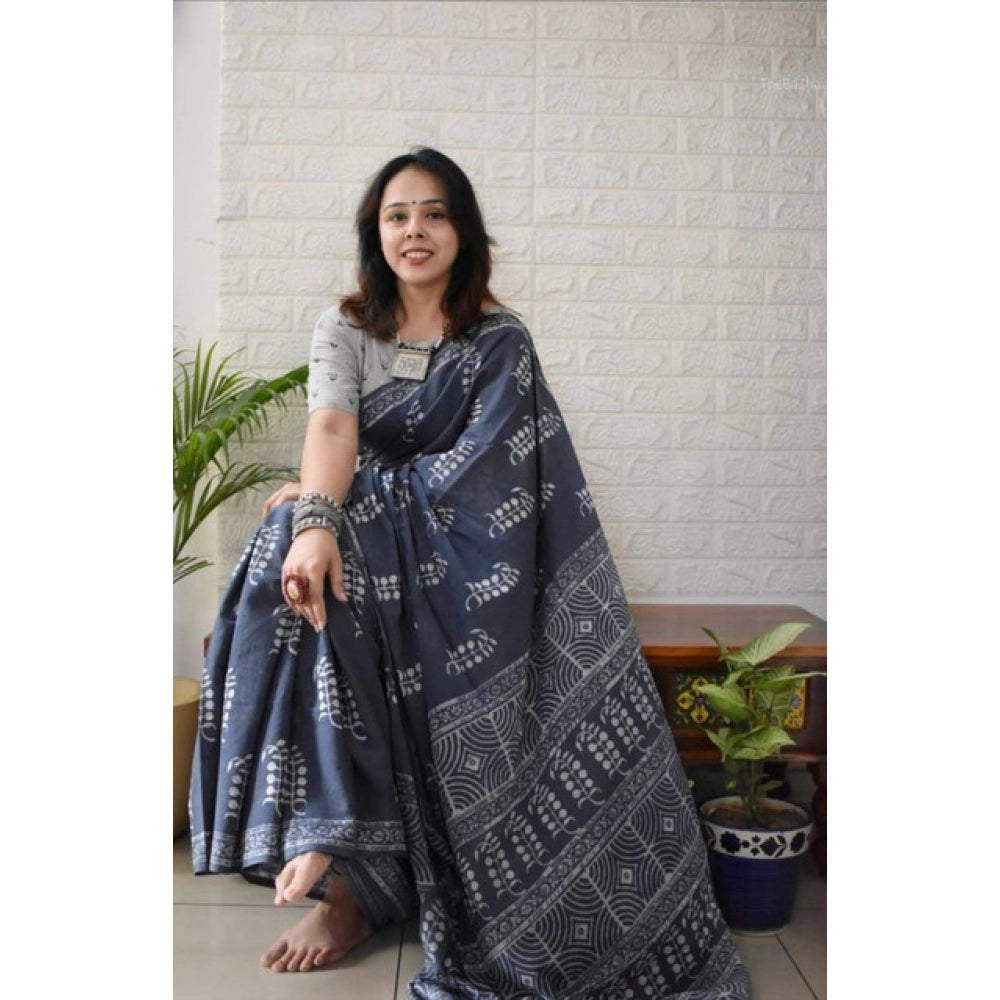 Women's Linen Printed Saree — Grey · Grey