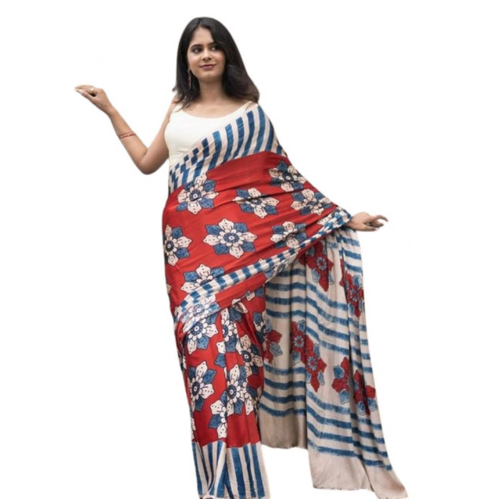 Women's Linen Printed Saree — Red · _Red