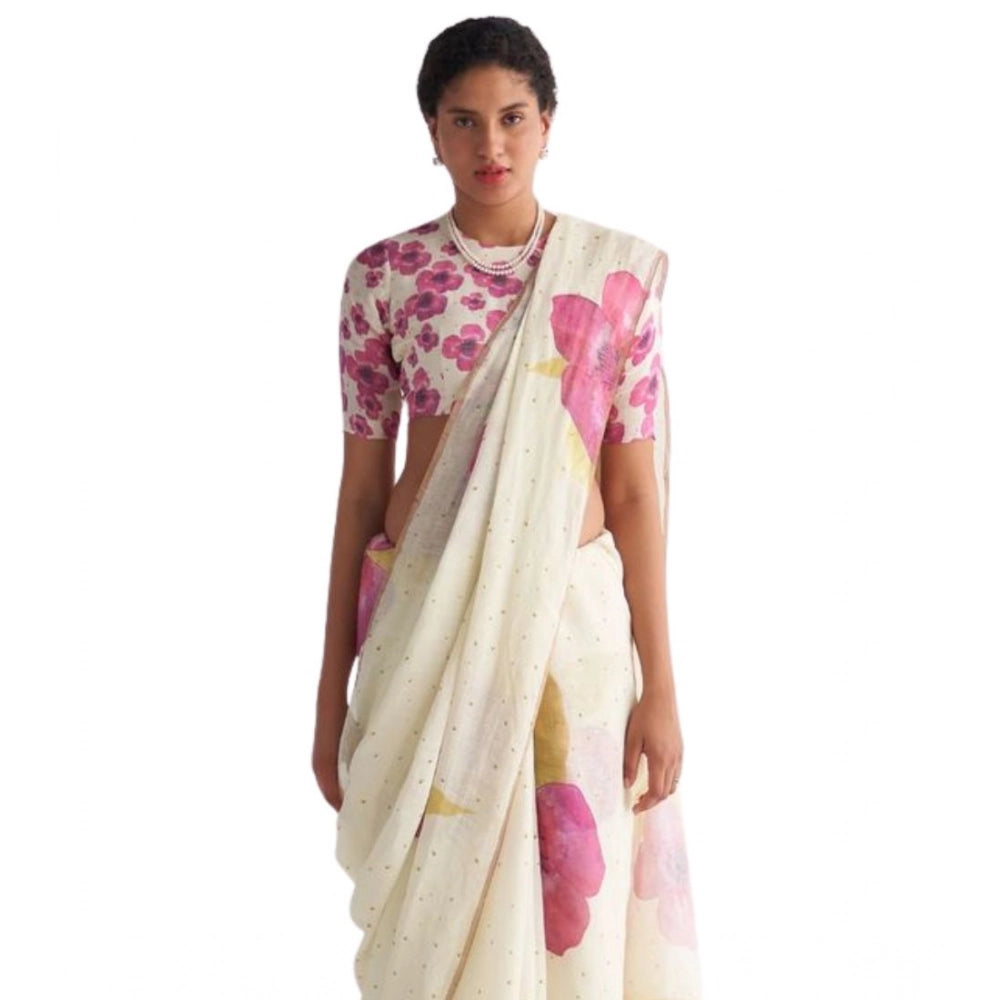 Women's Linen Printed Saree — White · tPnk