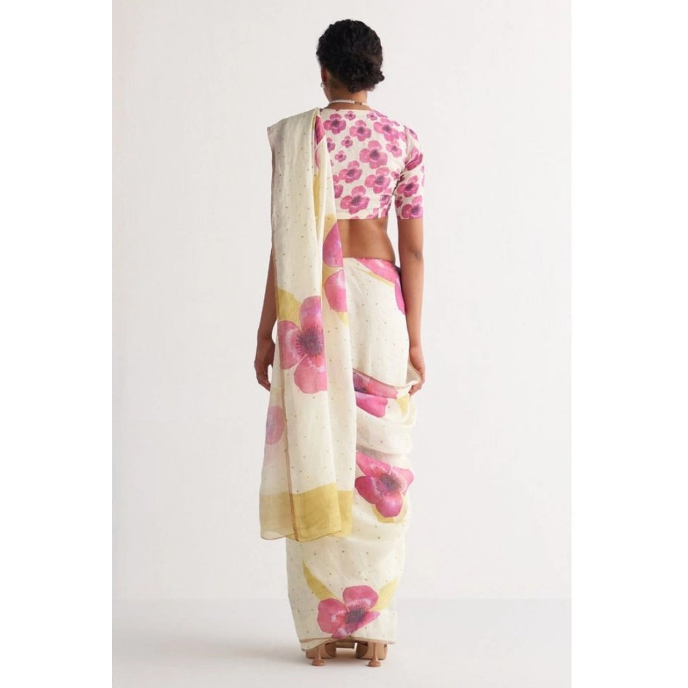 Women's Linen Printed Saree — White · tPnk