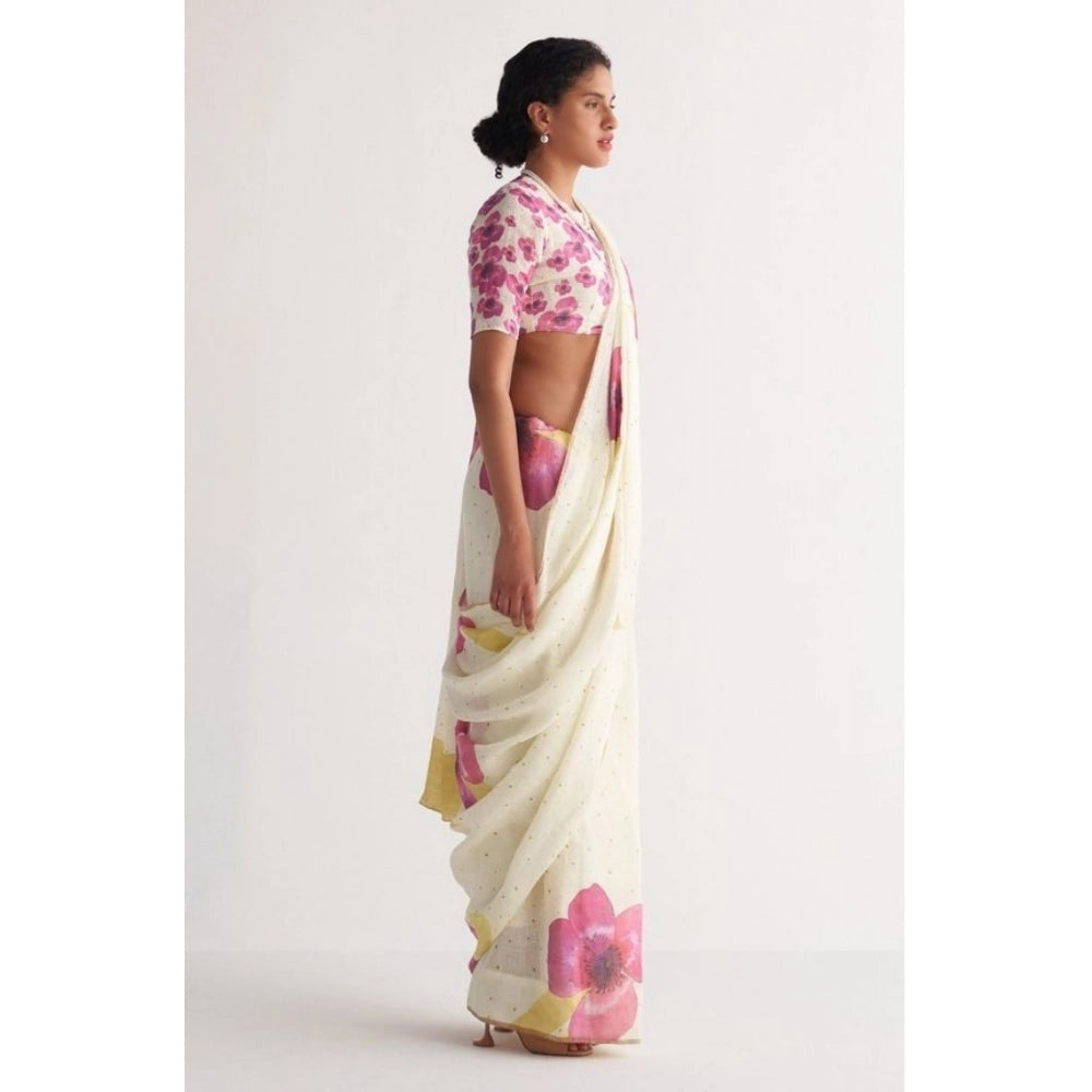 Women's Linen Printed Saree — White · tPnk