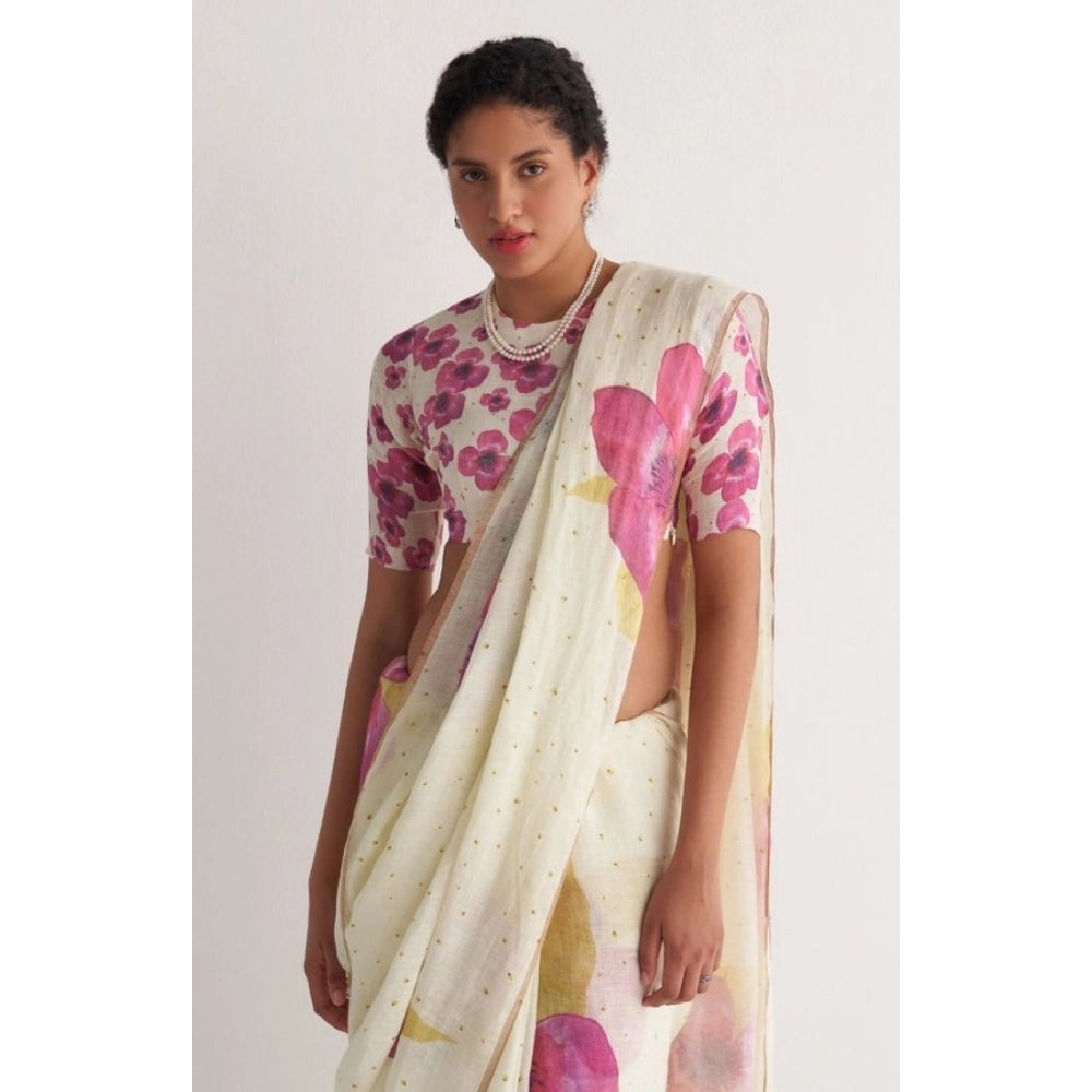Women's Linen Printed Saree — White · tPnk