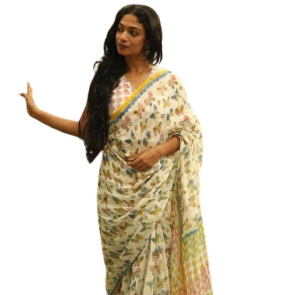Women's Linen Printed Saree — White · tfly
