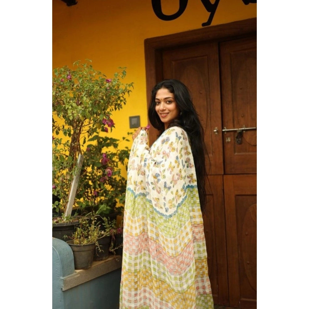 Women's Linen Printed Saree — White · tfly