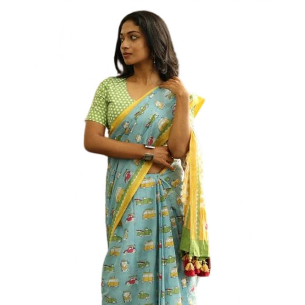 Women's Linen Printed Saree — Blue · iSky