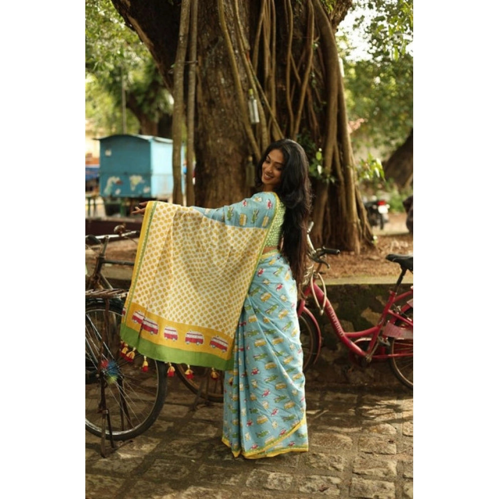 Women's Linen Printed Saree — Blue · iSky