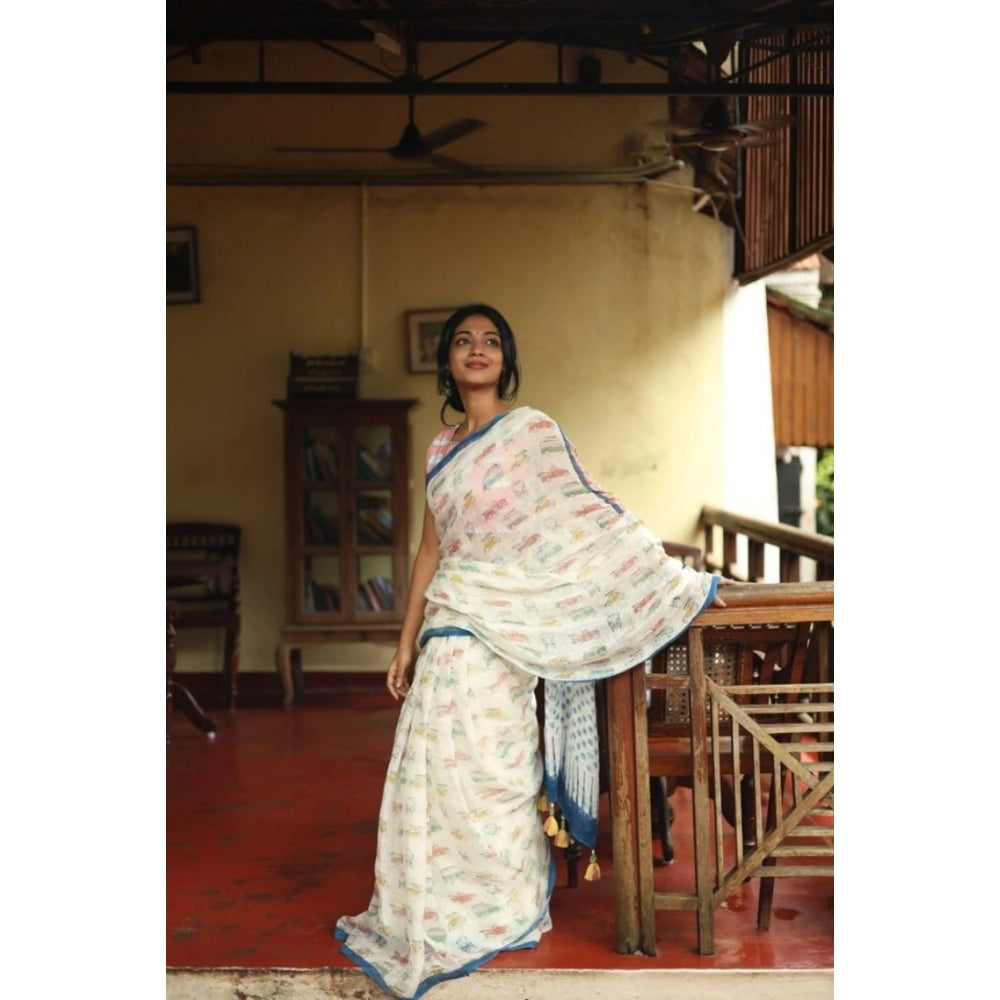 Women's Linen Printed Saree — White · _Wht