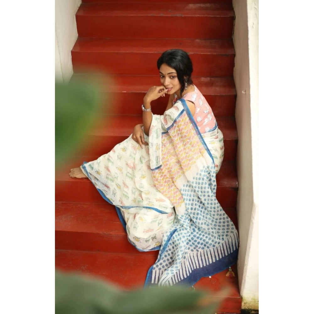 Women's Linen Printed Saree — White · _Wht