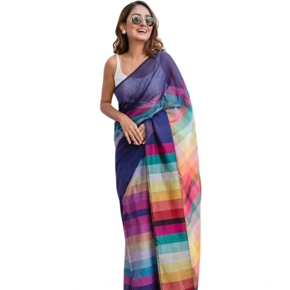 Women's Linen Printed Saree — Navy