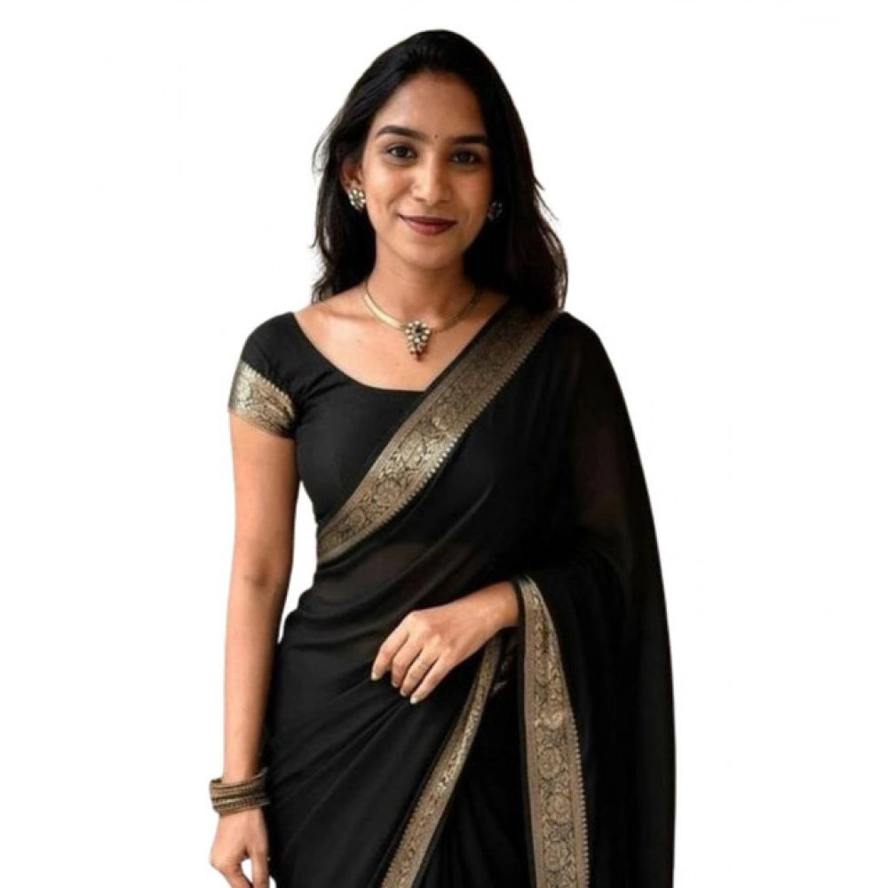 Women's Vichitra Silk Printed Saree — Black