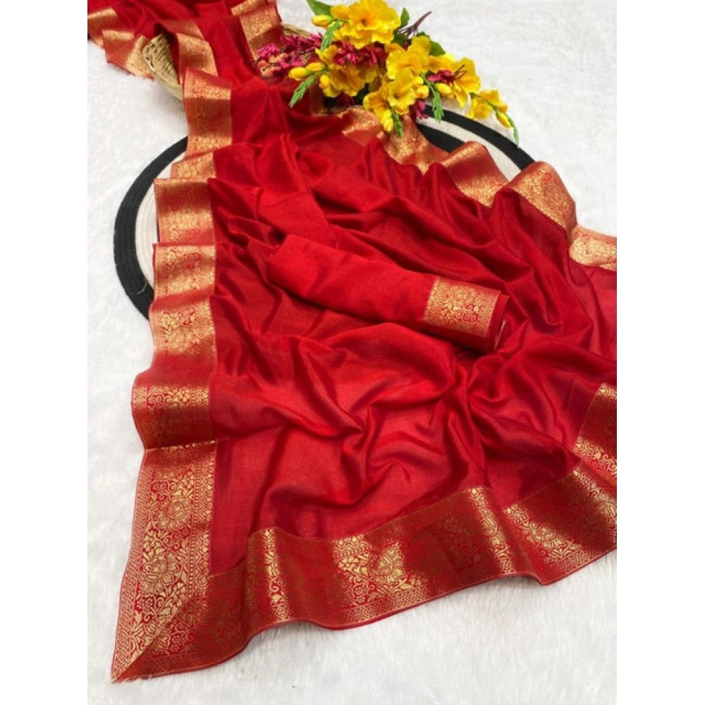 Women's Vichitra Silk Printed Saree — Red