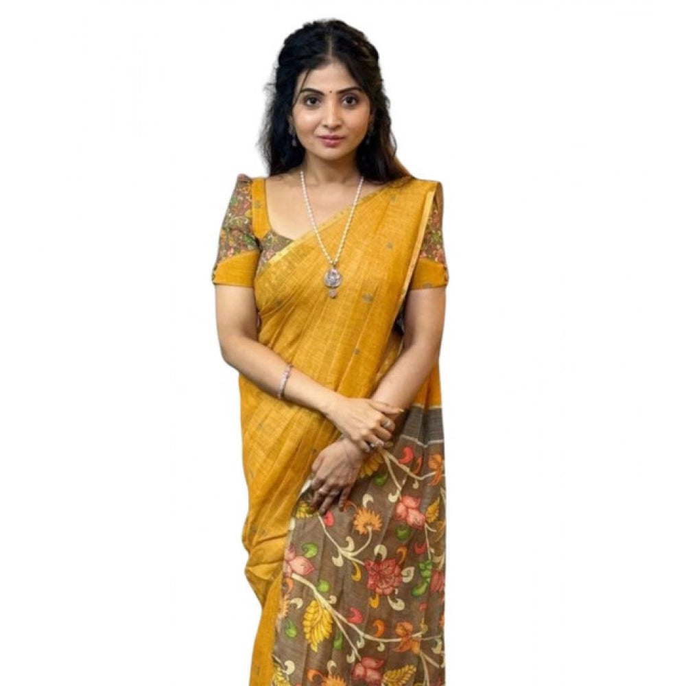 Women's Linen Printed Saree — Mustard