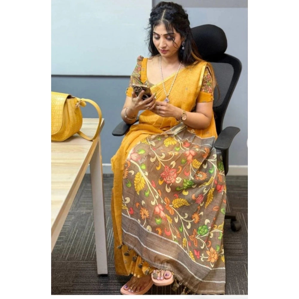 Women's Linen Printed Saree — Mustard