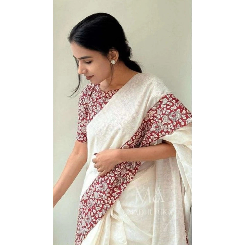 Women's Linen Printed Saree — White · whrd