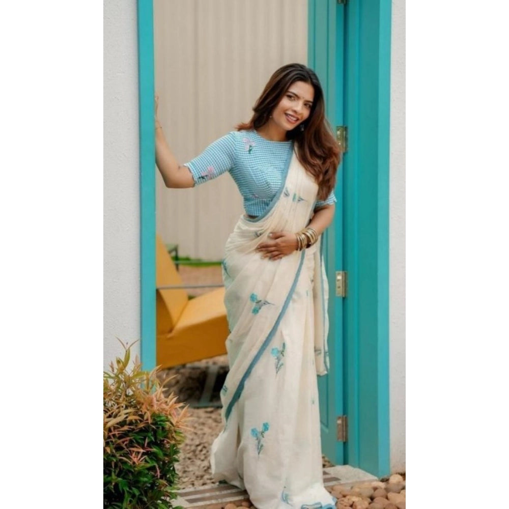 Women's Linen Printed Saree — White · tSky