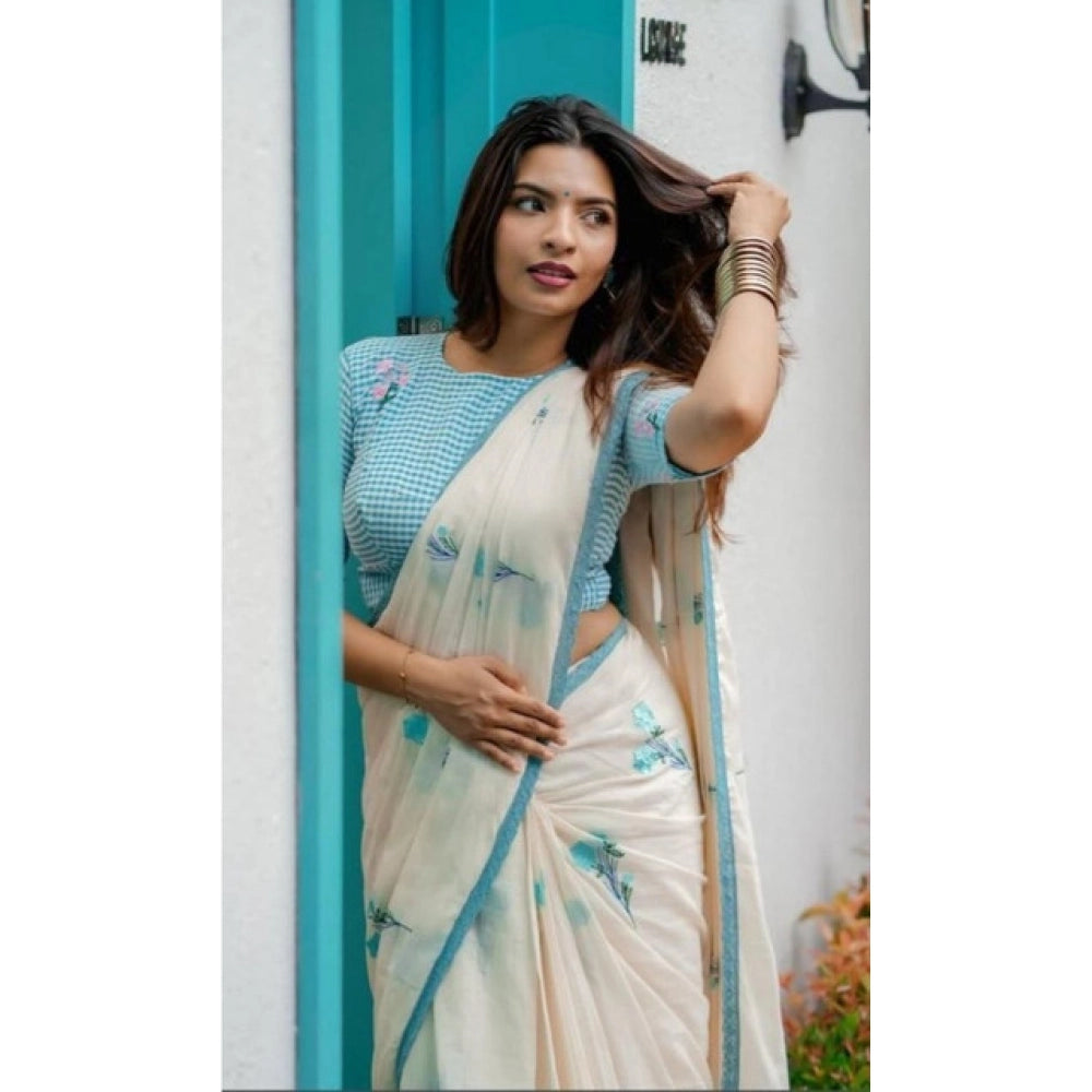Women's Linen Printed Saree — White · tSky