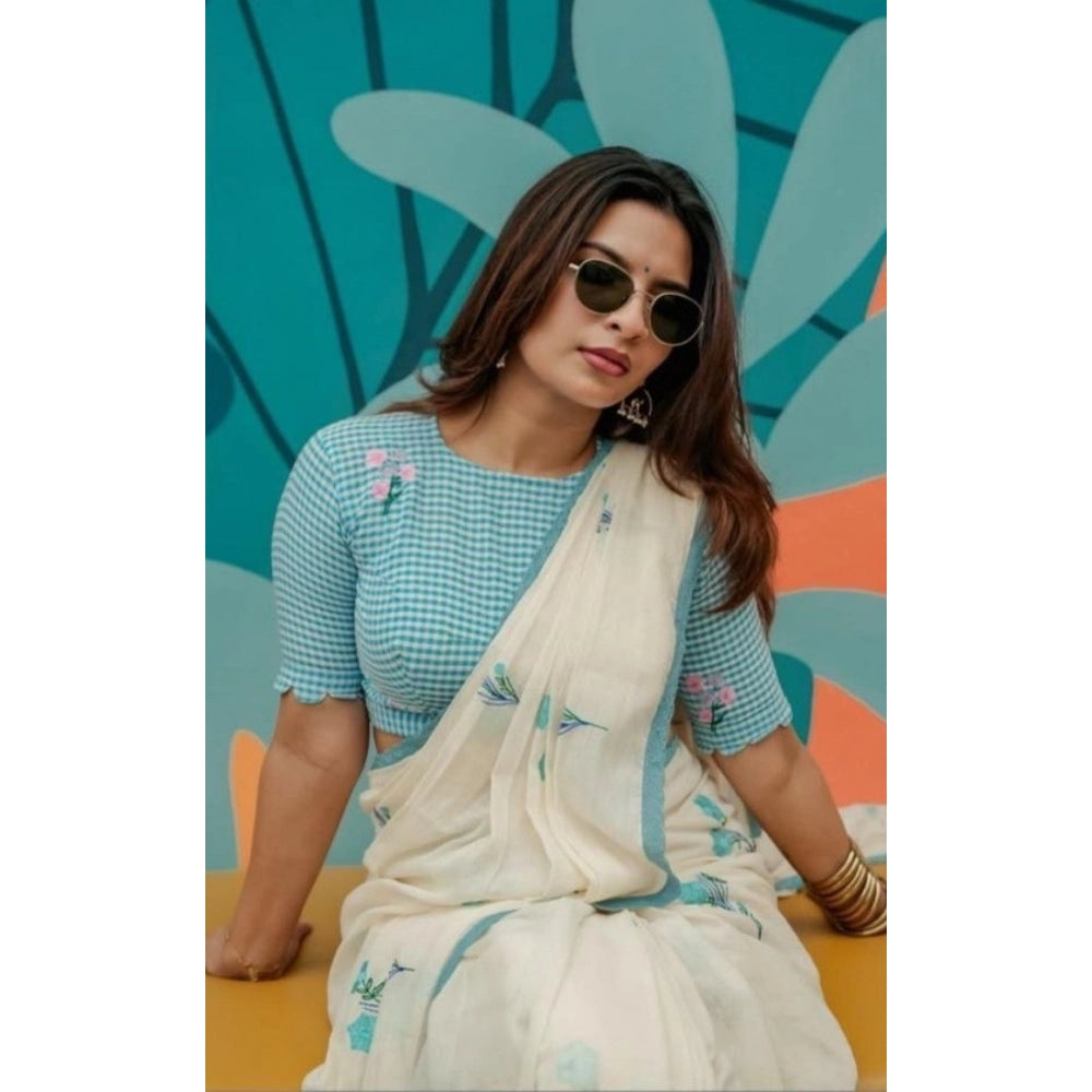 Women's Linen Printed Saree — White · tSky