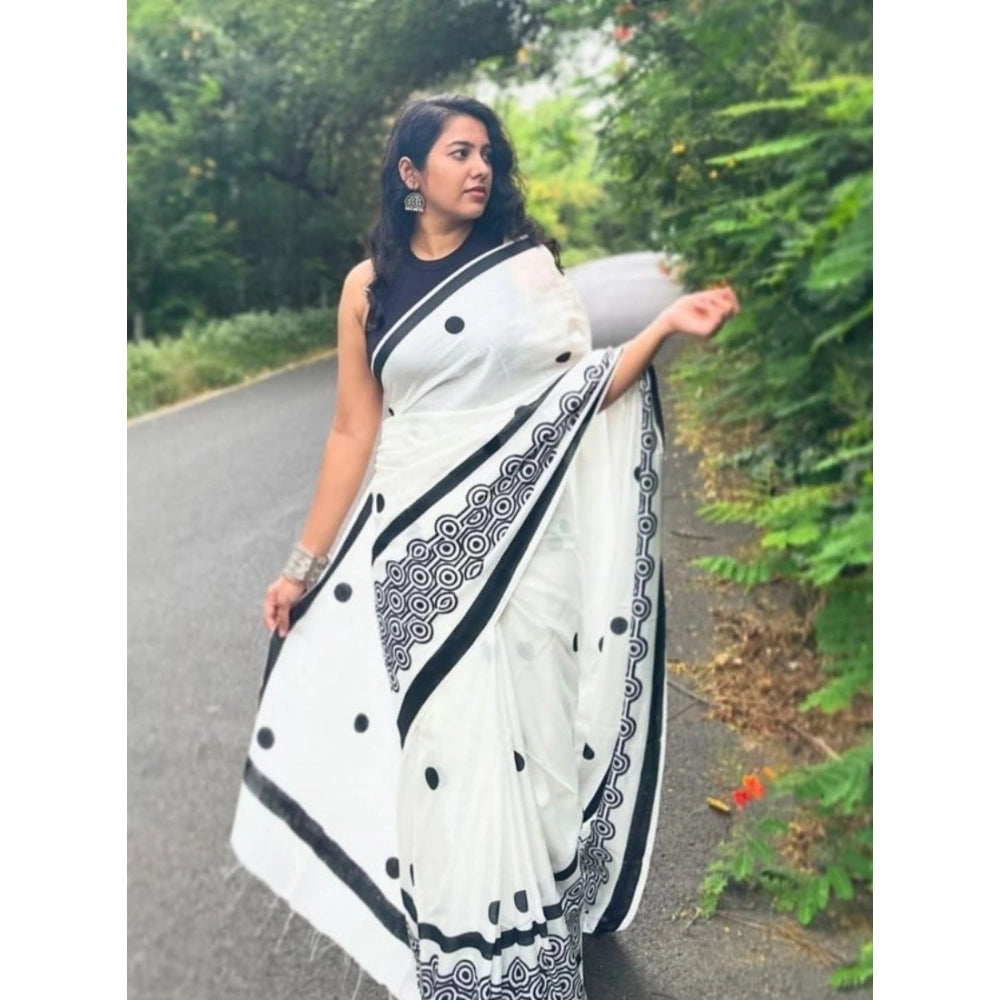 Women's Linen Printed Saree — White · tBlk