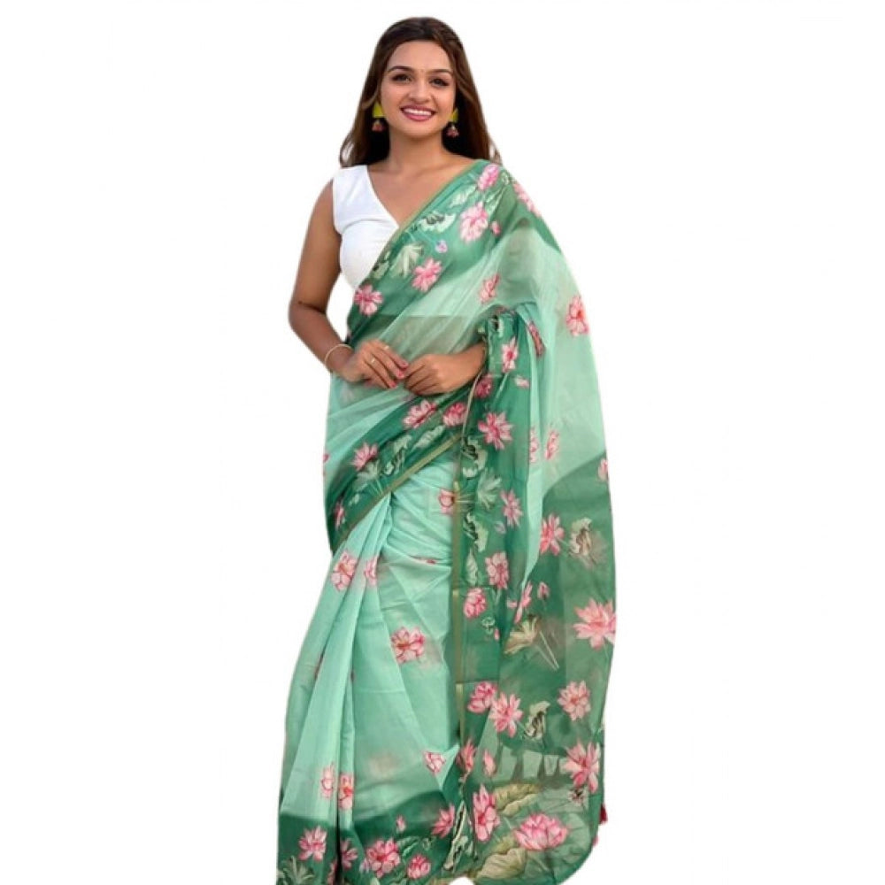 Women's Linen Printed Saree — Green · _Grn