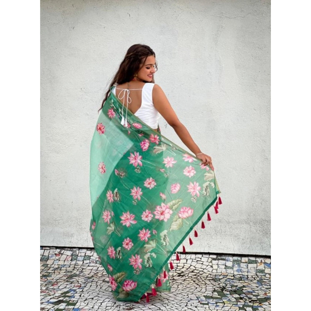 Women's Linen Printed Saree — Green · _Grn