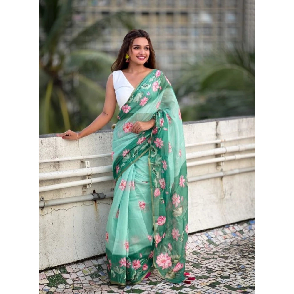 Women's Linen Printed Saree — Green · _Grn
