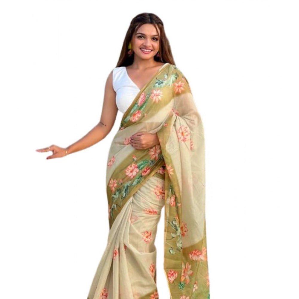Women's Linen Printed Saree — Mahendi