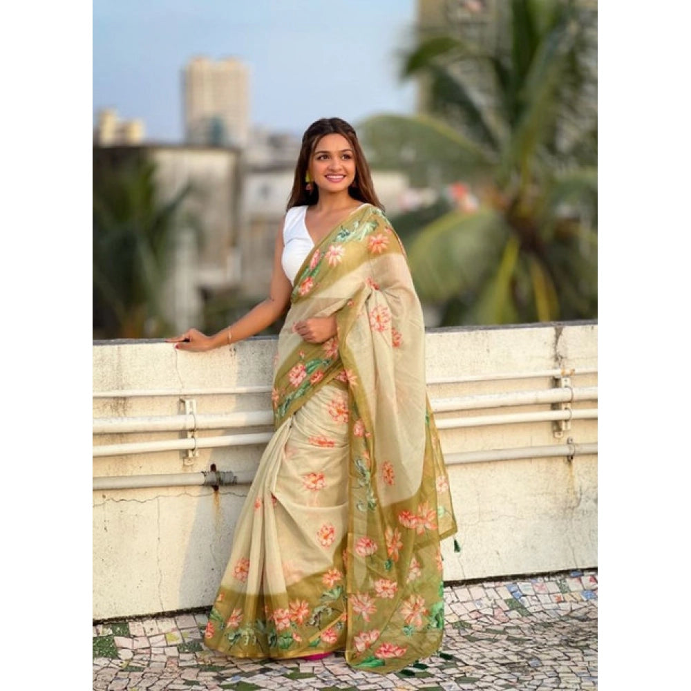 Women's Linen Printed Saree — Mahendi
