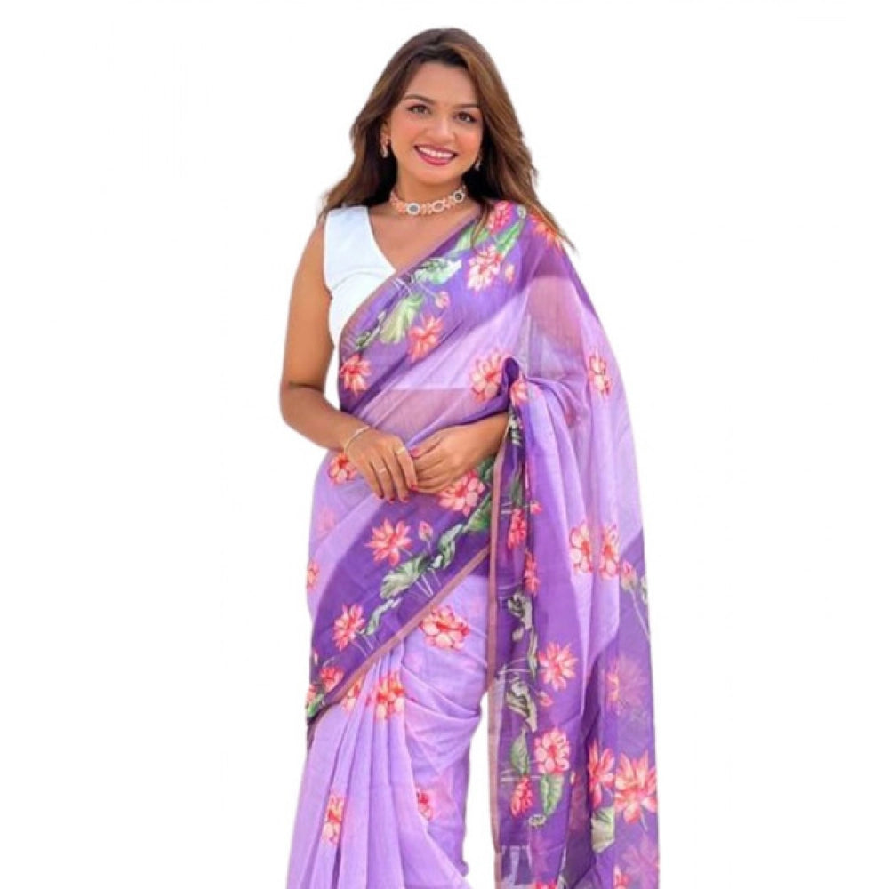 Women's Linen Printed Saree — Purple · _Prl