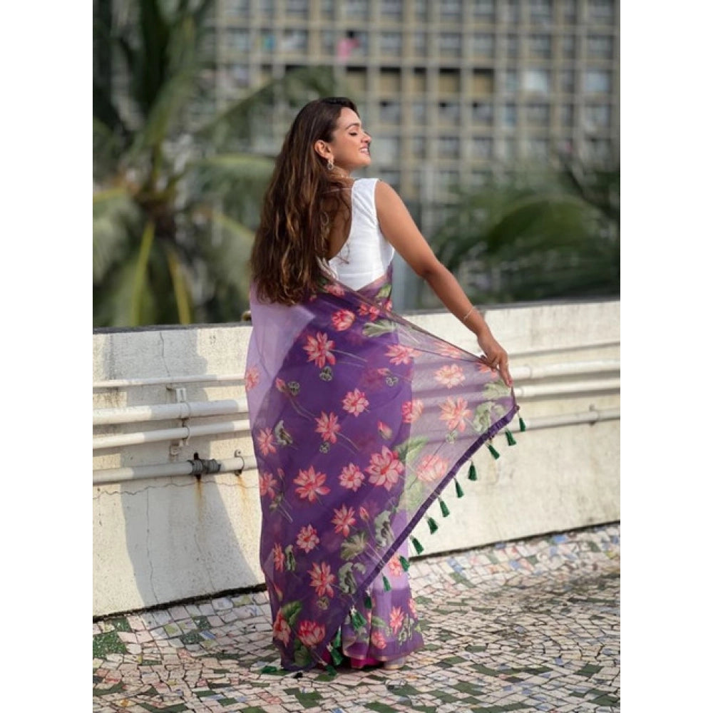 Women's Linen Printed Saree — Purple · _Prl