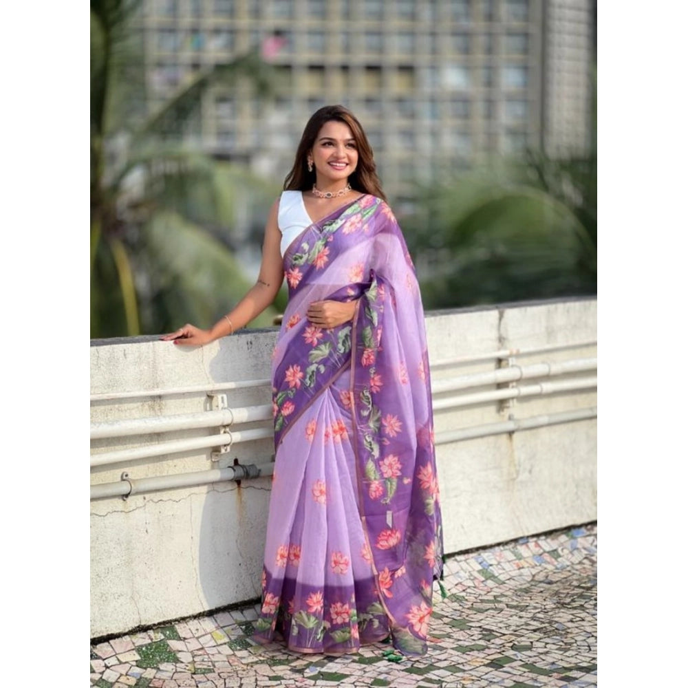 Women's Linen Printed Saree — Purple · _Prl