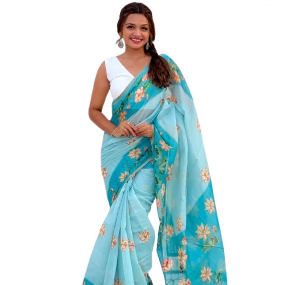 Women's Linen Printed Saree — Aqua