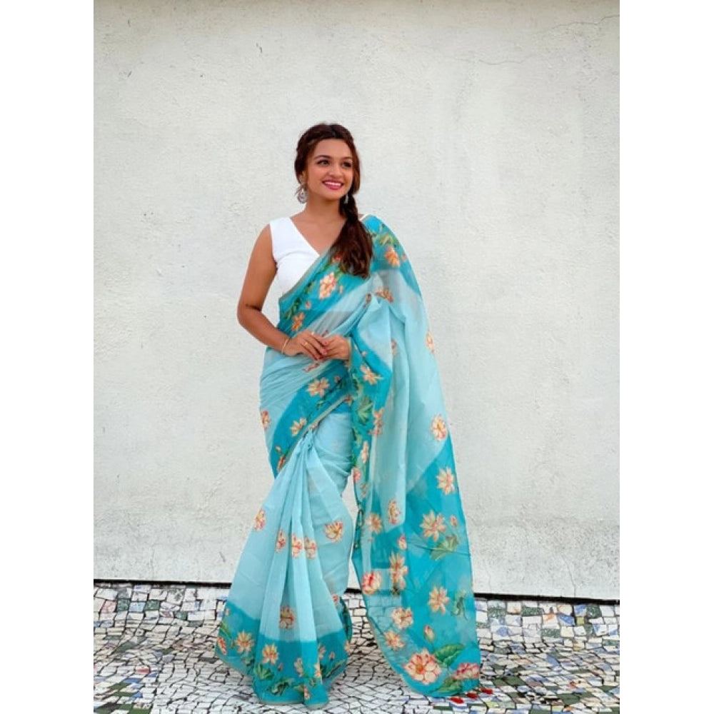 Women's Linen Printed Saree — Aqua