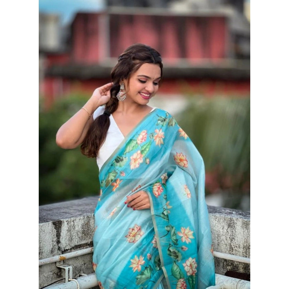Women's Linen Printed Saree — Aqua