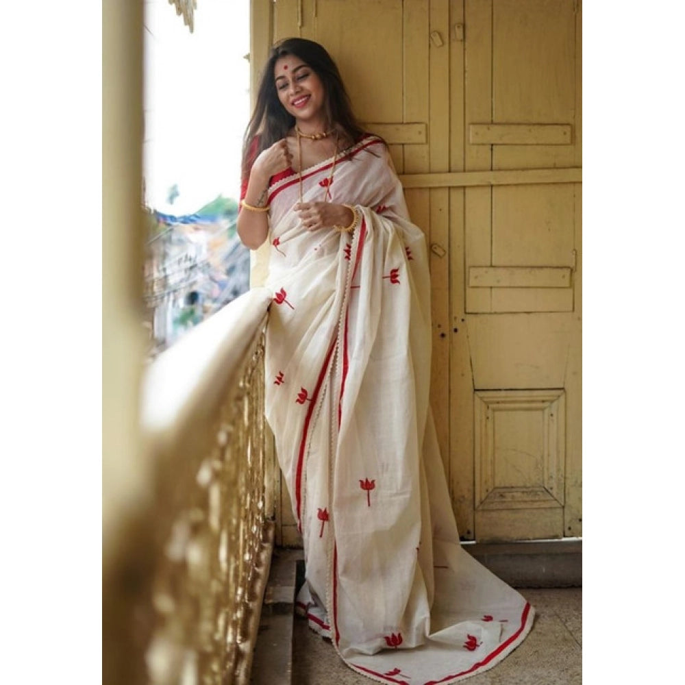 Women's Linen Printed Saree — White · tRed