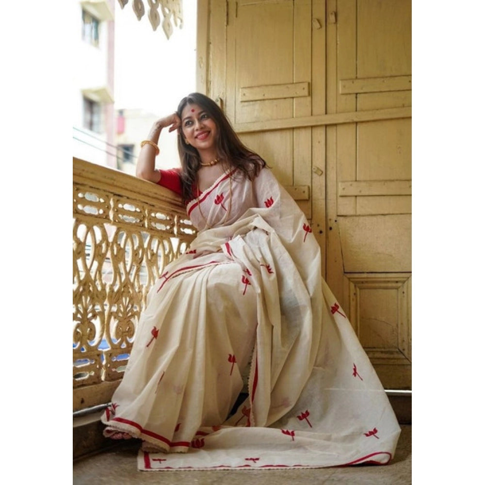 Women's Linen Printed Saree — White · tRed