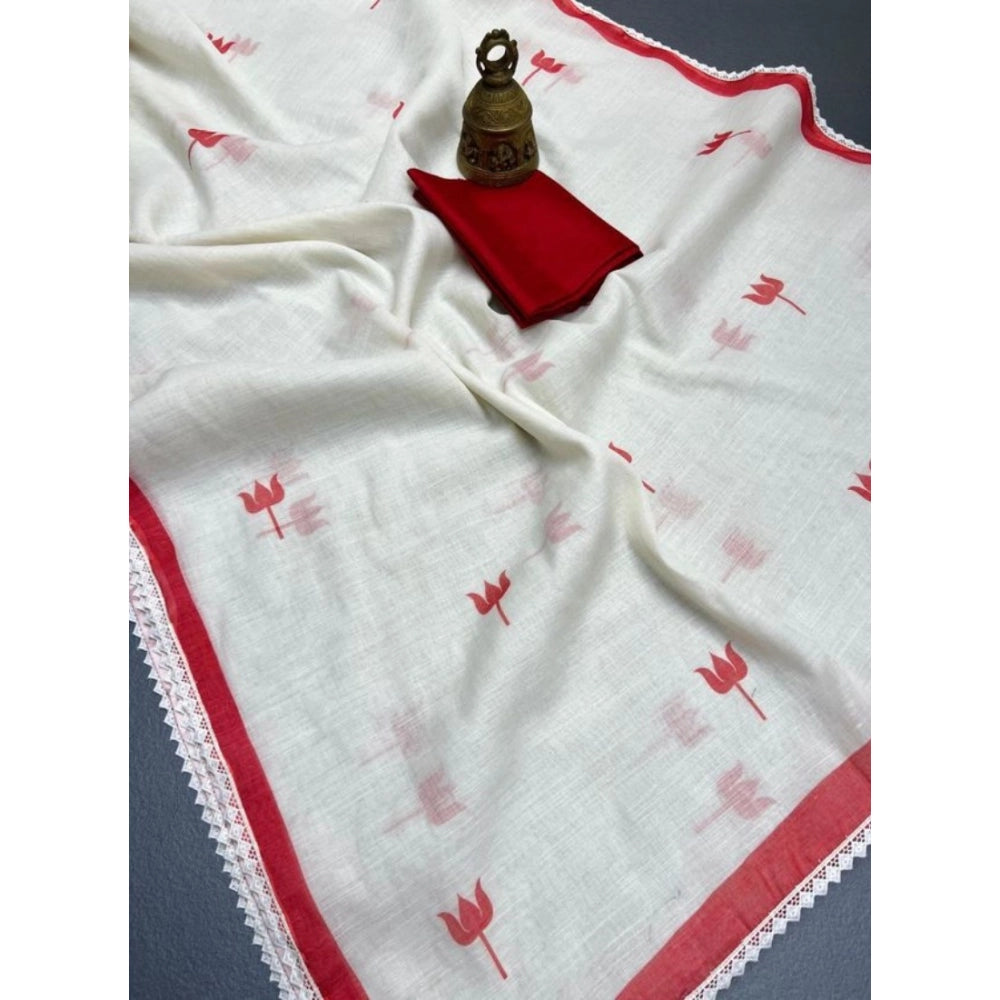 Women's Linen Printed Saree — White · tRed
