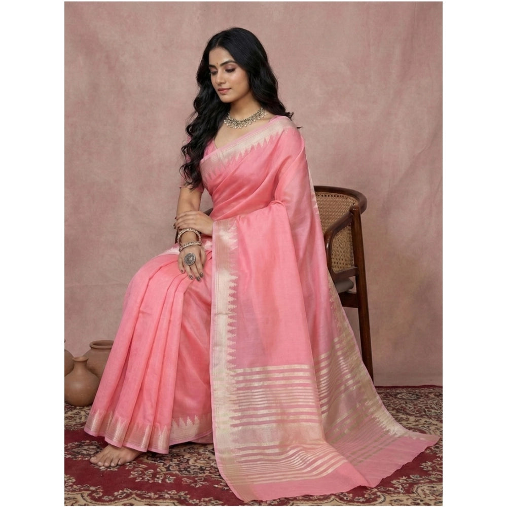 Women's Cotton Printed Saree — Coral Pink