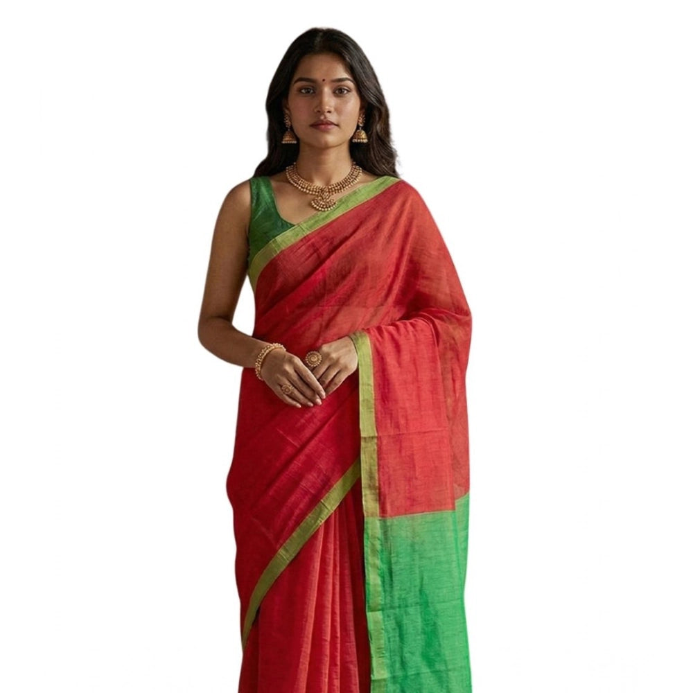 Women's Cotton Printed Saree — Red · 1013
