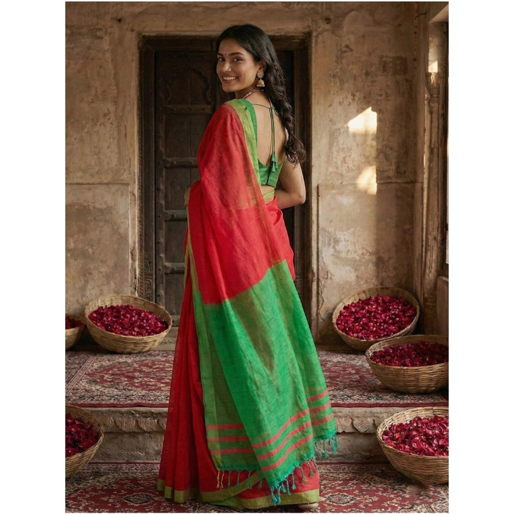 Women's Cotton Printed Saree — Red · 1013
