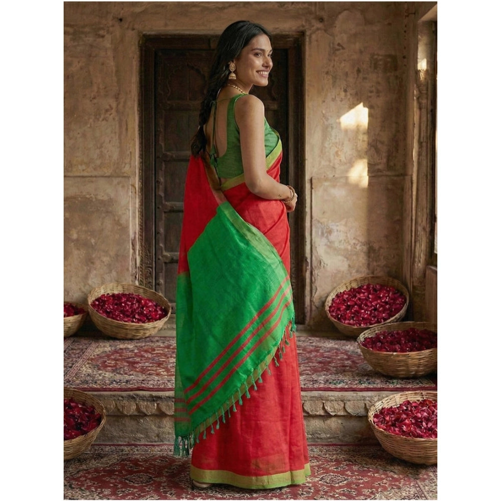 Women's Cotton Printed Saree — Red · 1013