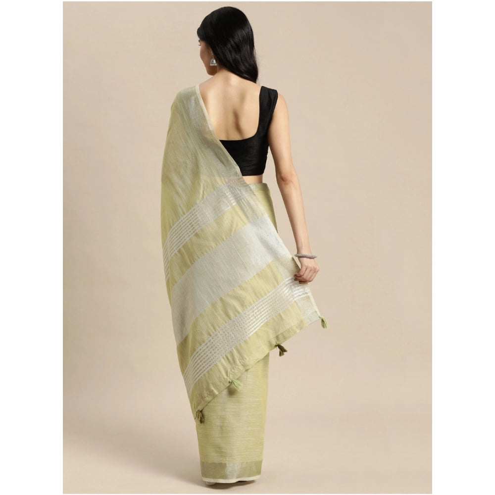 Women's Linen Cotton Printed Saree — Olive Green