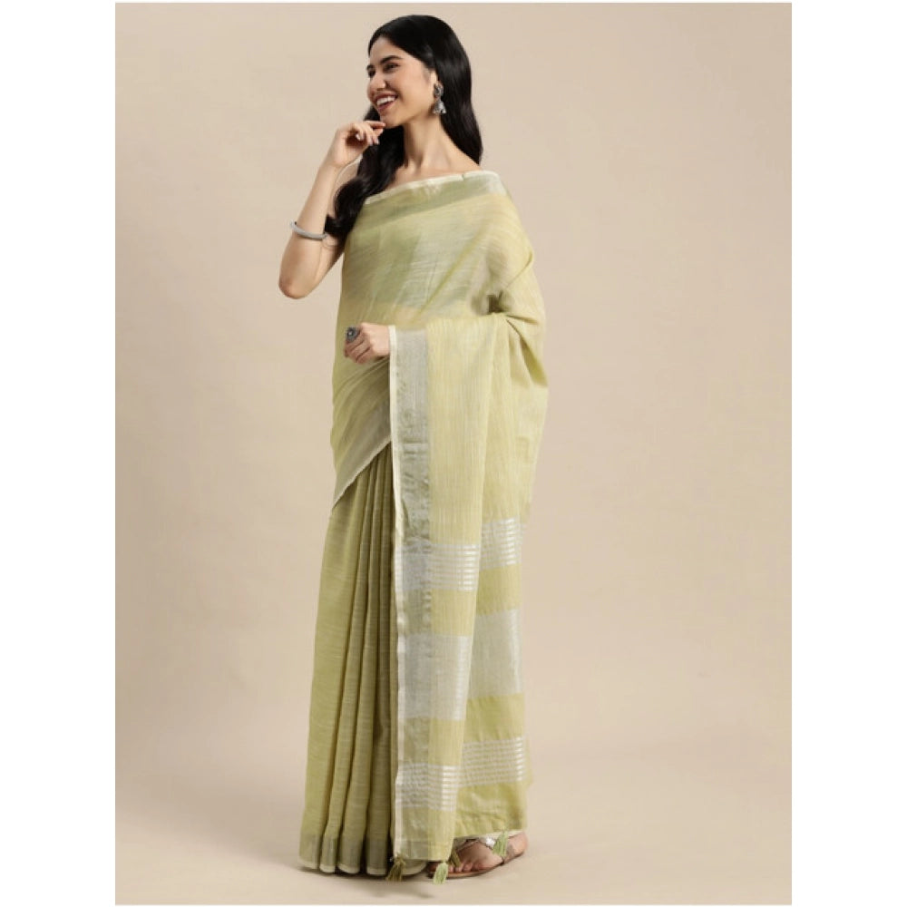 Women's Linen Cotton Printed Saree — Olive Green