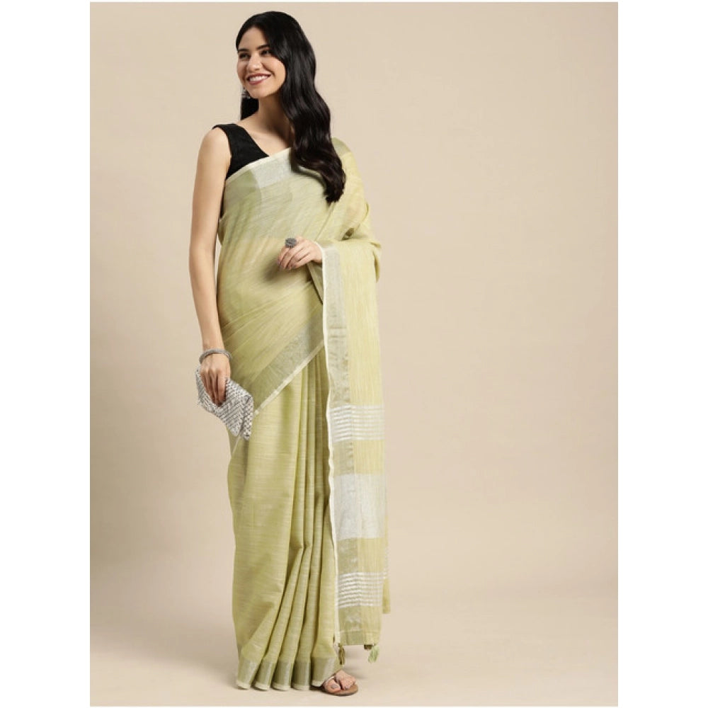 Women's Linen Cotton Printed Saree — Olive Green