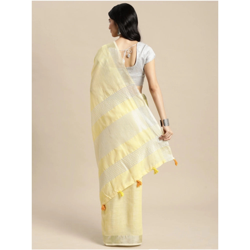Women's Linen Cotton Printed Saree — Yellow · 1017