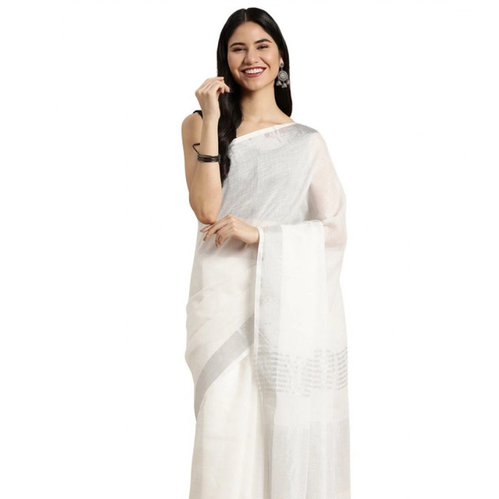Women's Linen Cotton Printed Saree — White · 1019