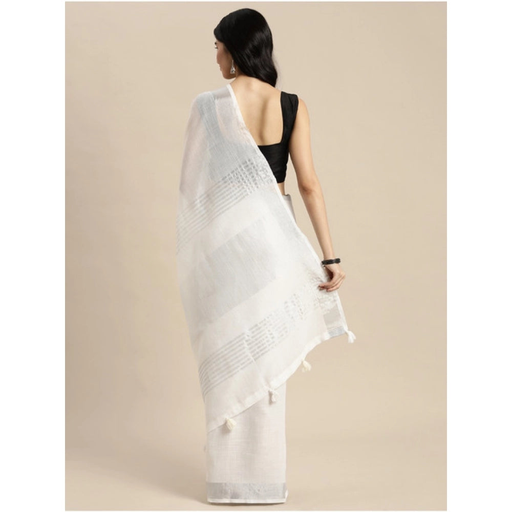 Women's Linen Cotton Printed Saree — White · 1019