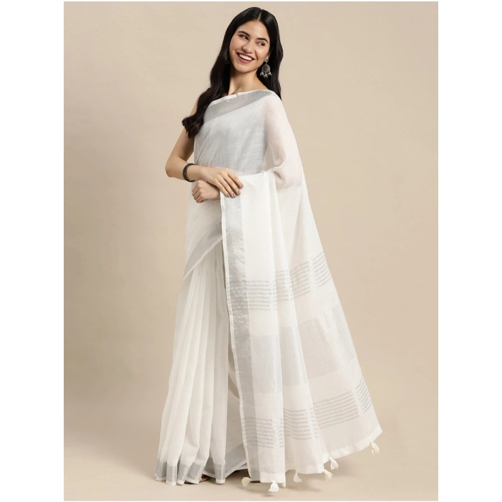 Women's Linen Cotton Printed Saree — White · 1019